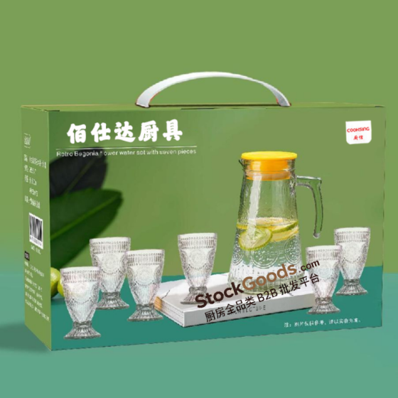 Clear Retro Begonia‑Pattern Footed Glass Water Set,1500ml Pitcher +6Pcs 150ml Footed Glass Cups