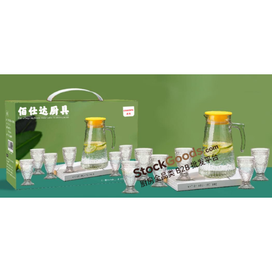 Clear Retro Begonia‑Pattern Footed Glass Water Set,1500ml Pitcher +6Pcs 150ml Footed Glass Cups