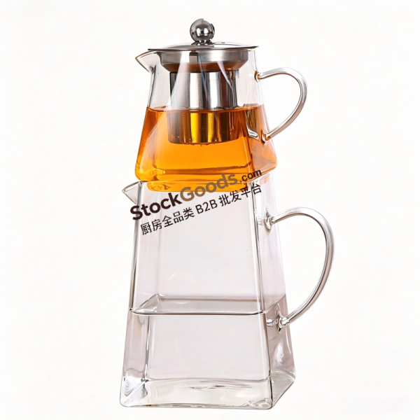 0.55L+1.3L Double Layer Square Borosilicate Glass Teapot Set with Stainless Steel Infuser