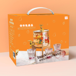 Christmas Elk Printed Glass Beverage Dispenser Set,2.6L Juice Jar With Tap & Wooden Stand + 4Pcs 200ml Pink‑rim Glass Cups Gift Box
