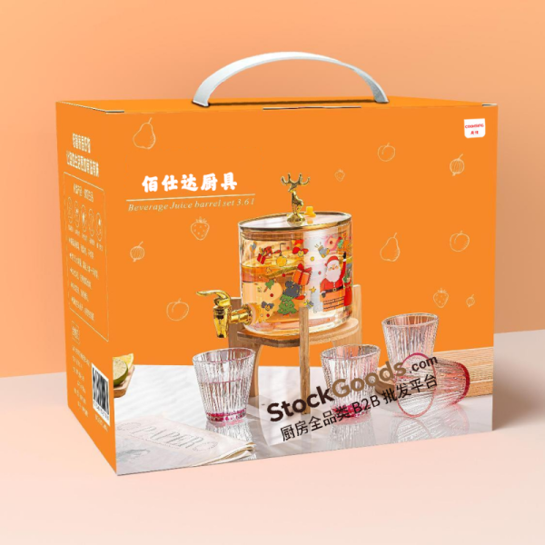 Christmas Elk Printed Glass Beverage Dispenser Set,2.6L Juice Jar With Tap & Wooden Stand + 4Pcs 200ml Pink‑rim Glass Cups Gift Box