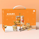 Christmas Elk Printed Glass Beverage Dispenser Set,3.6L Juice Jar With Tap & Wooden Stand + 4Pcs 200ml Amber‑rim Glass Cups Gift Box