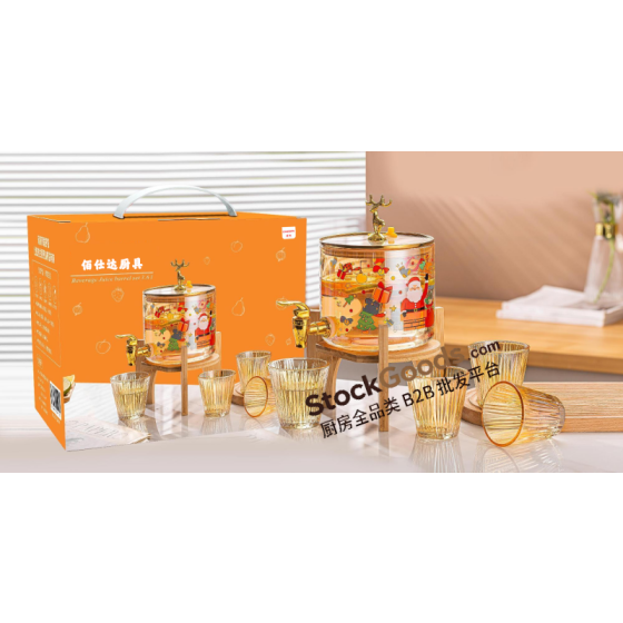 Christmas Elk Printed Glass Beverage Dispenser Set,3.6L Juice Jar With Tap & Wooden Stand + 4Pcs 200ml Amber‑rim Glass Cups Gift Box