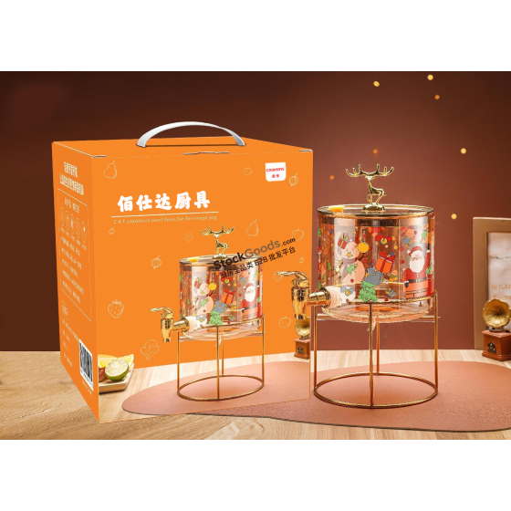 3.6L Christmas Pattern Glass Drink Dispenser with Glass Lid & Stainless Steel Stand