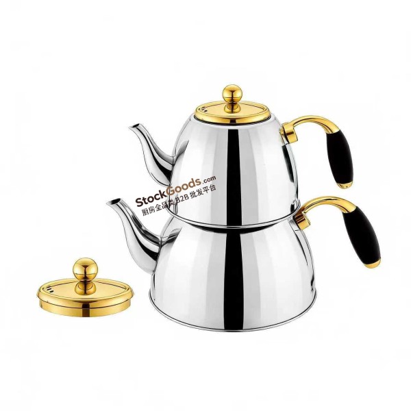 1.0L/2.0L Silver & Gold Stainless Steel Double Teapot, Zinc Alloy Handle, Composite Bottom, 0.45MM 201 Grade