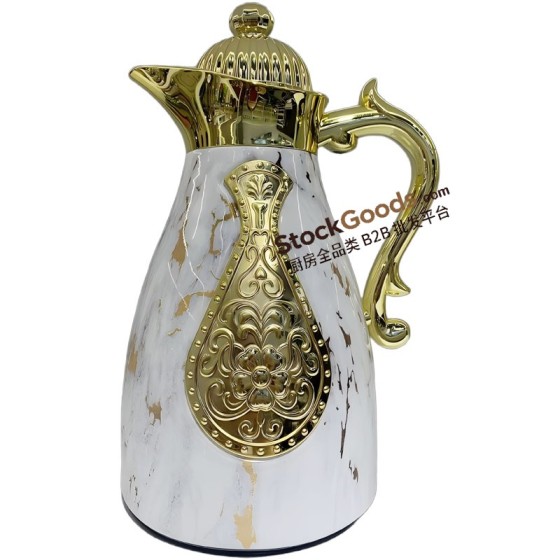0.7/1.0L Marble‑White Gold‑Trimmed Embossed Middle‑Eastern Thermal Jug