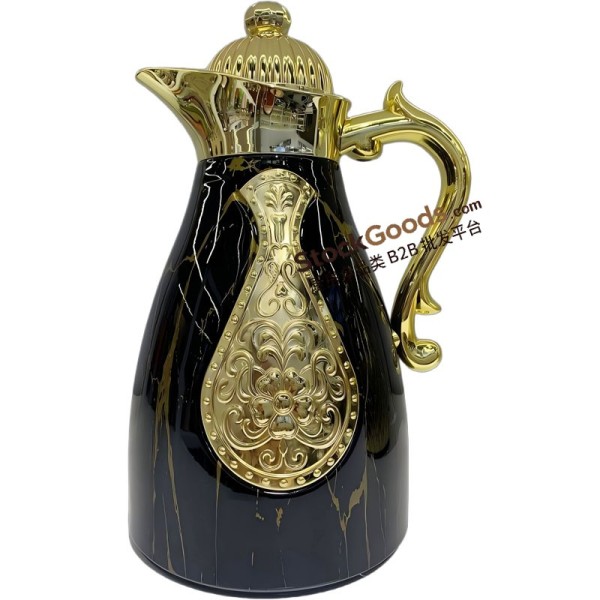 0.7/1.0L Marble‑Black Gold‑Trimmed Embossed Middle‑Eastern Thermal Jug