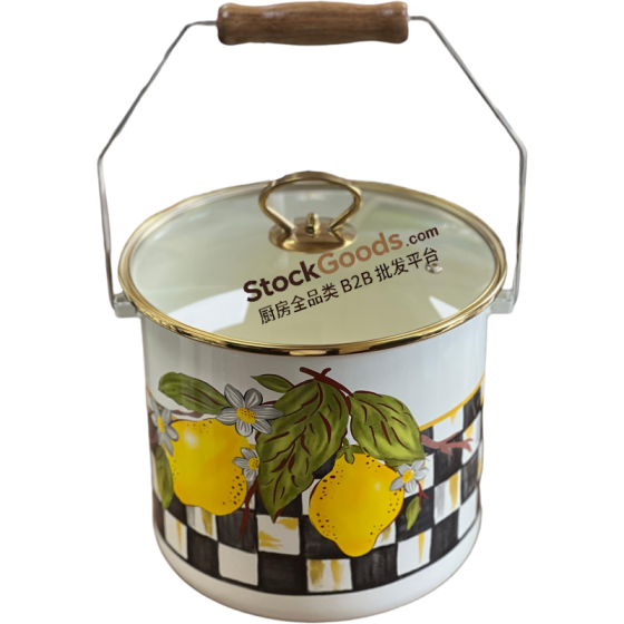 18/20/22cm Enamel Storage Bucket With Lemon Checkered Pattern, Glass Lid, Wooden Handle, Golden Rim, Rice Milk Canister