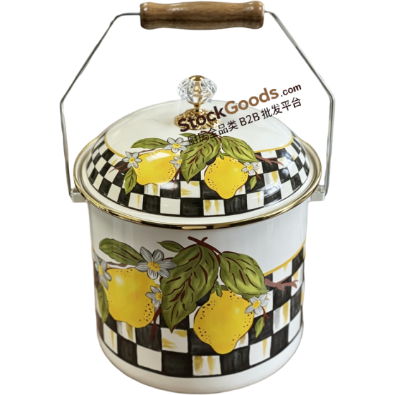 18/20/22cm Premium Enamel Storage Bucket With Lemon Check Designs & Metal Lid, Rice Milk Canister, Gold Rim Wooden Grip, Zinc Alloy Acrylic Lid Knob