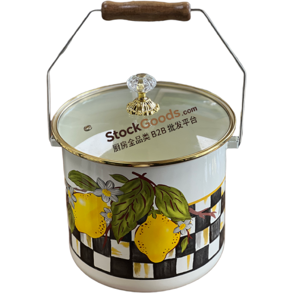 18/20/22cm Premium Lemon Check Enamel Storage Bucket with Glass Lid, Rice & Milk Canister, Gold Rim Wooden Handle & Gold Acrylic Lifting Bail