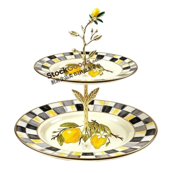 2-Tier Enamel Fruit Tray with Golden Lemon Decoration