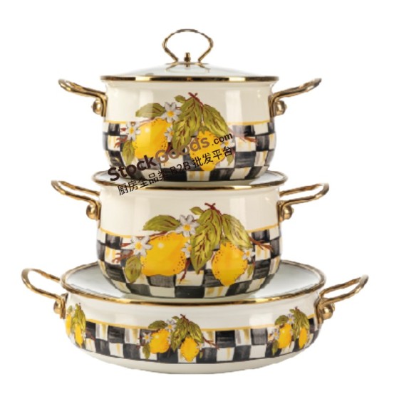 20cm/24cm/30cm High-Grade Lemon Decals Enamel Pot Set With Glass Lid & Golden Handle With Black Bottom Logo