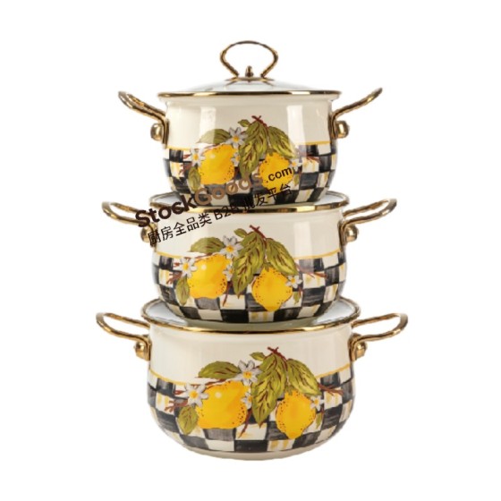20cm/22cm/24cm High-Grade Lemon Decals Enamel Pot Set With Glass Lid & Golden Handle With Black Bottom Logo