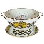 High-Grade Lemon Decals Enamel 22cm Serving Plate + Large 23cm Enamel Colander Set With Golden Rim