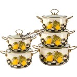 16cm/18cm/20cm/22cm/24cm High-Grade Lemon Decals Enamel Pot Set With Glass Lid & Golden Handle With Black Bottom Logo