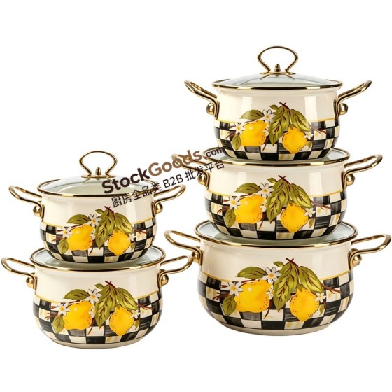 16cm/18cm/20cm/22cm/24cm High-Grade Lemon Decals Enamel Pot Set With Glass Lid & Golden Handle With Black Bottom Logo