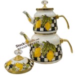 GüzelEmaye Lemon Decals 1.0L/2.5L Luxury Enamel Teapot Set, Golden Golden Metal Handle & Rim With Luxury Knob
