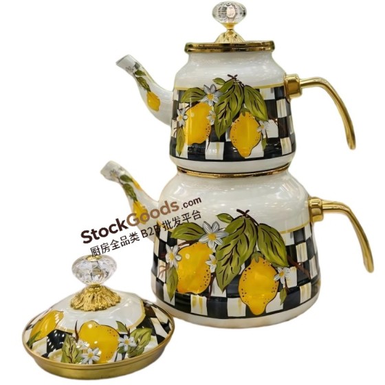 GüzelEmaye Lemon Decals 1.0L/2.5L Luxury Enamel Teapot Set, Golden Golden Metal Handle & Rim With Luxury Knob