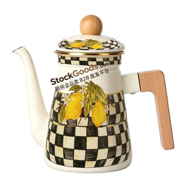 1.2L Lemon Decals Enamel Coffee Teapot With Golden Rim and Wooden Handle & Knob