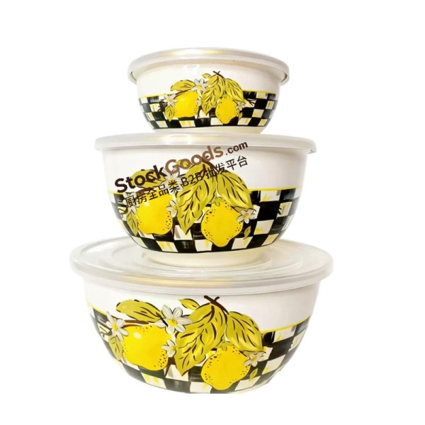 16cm/22cm/26cm High Quality Lemon Decals Enamel Salard Bowl With Plastic Lid