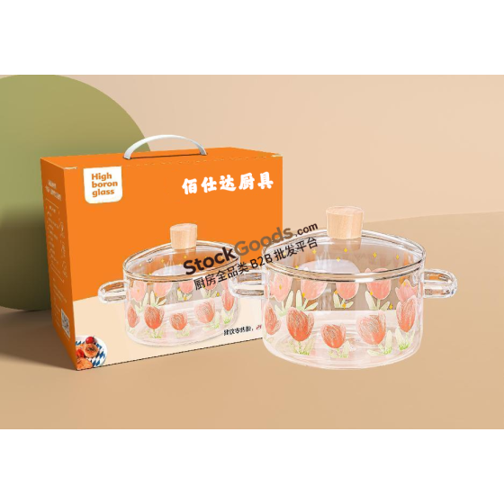 16*9.5CM 1.8L High Borosilicate Glass Pot with Double Handles & Lid, Household Soup & Noodle Pot, 6 Styles Available