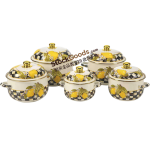 GüzelEmaye High Quality Lemon Plaid Decals Golden Rim & Knob Enamel Lid & Hollow Handles Enamel Belly Shape Pot Multiple Sizes Available