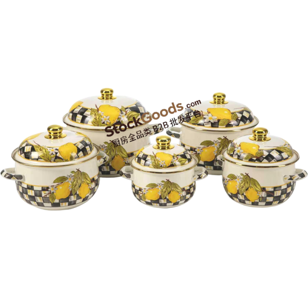 GüzelEmaye High Quality Lemon Plaid Decals Golden Rim & Knob Enamel Lid & Hollow Handles Enamel Belly Shape Pot Multiple Sizes Available