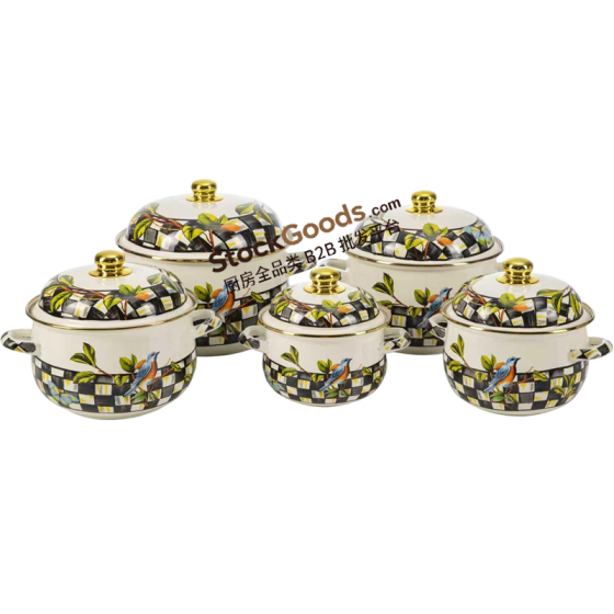 GüzelEmaye High Quality Bird Plaid Decals Golden Rim & Knob Enamel Lid & Hollow Handles Enamel Belly Shape Pot Multiple Sizes Available