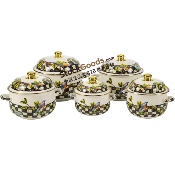 GüzelEmaye High Quality Bird Plaid Decals Golden Rim & Knob Enamel Lid & Hollow Handles Enamel Belly Shape Pot Multiple Sizes Available