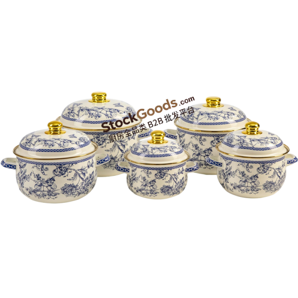 GüzelEmaye High Quality Blue Bird Decals Golden Rim & Knob Enamel Lid & Hollow Handles Enamel Belly Shape Pot Multiple Sizes Available
